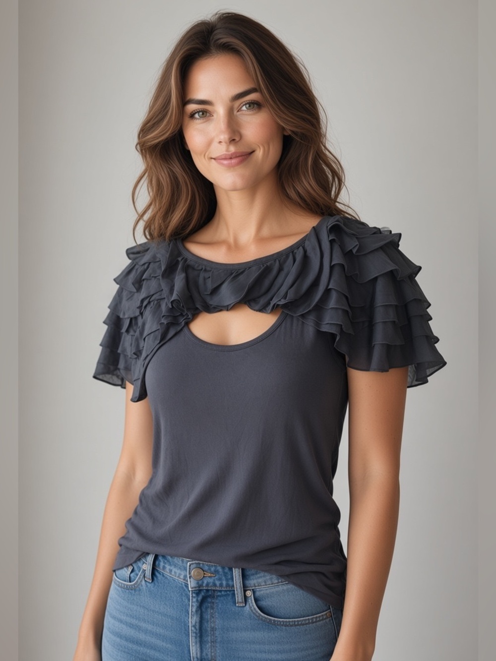 NWOT Deletta Anthropologie Charcoal Ruffle Capelet Top - Size S